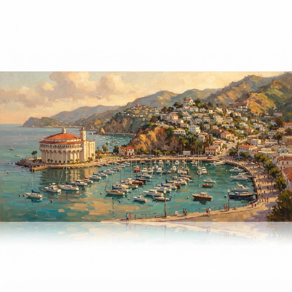 Plein air painting of Avalon harbor and the Catalina Casino at golden hour
