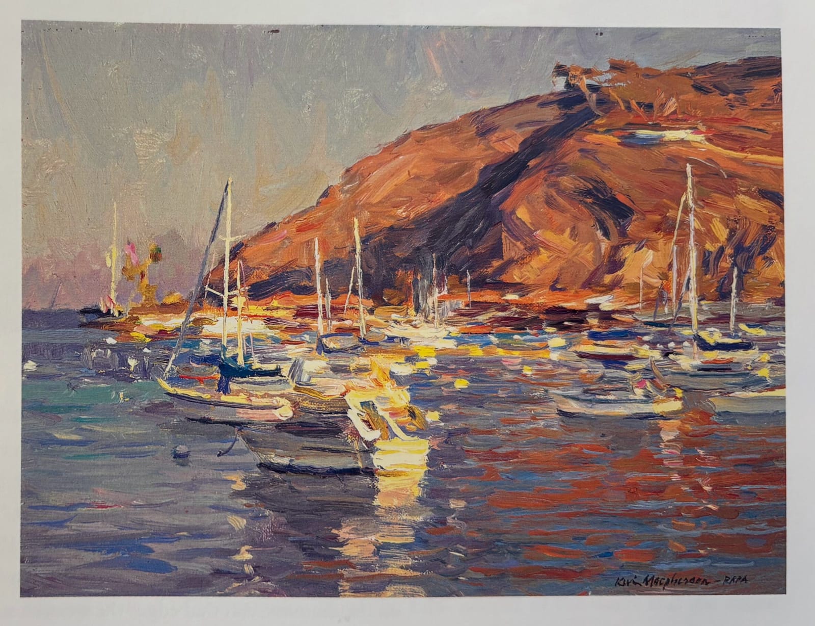 Painting of sailboats in Avalon harbor glowing in late afternoon light below a red-orange hillside