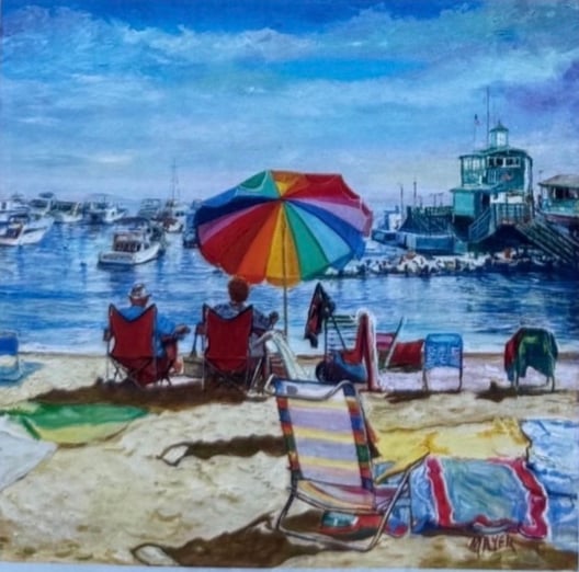 Painting of beachgoers in red folding chairs under a rainbow umbrella on an Avalon beach, with boats and the Green Pleasure Pier behind