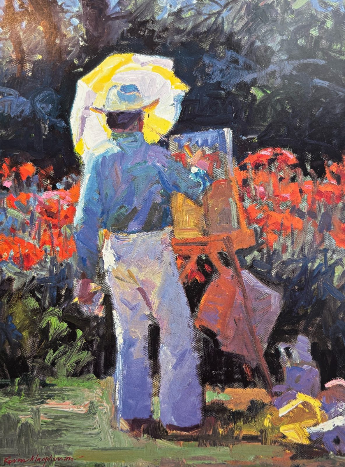 Painting of a plein air artist under a yellow umbrella working at an easel in front of red flowers