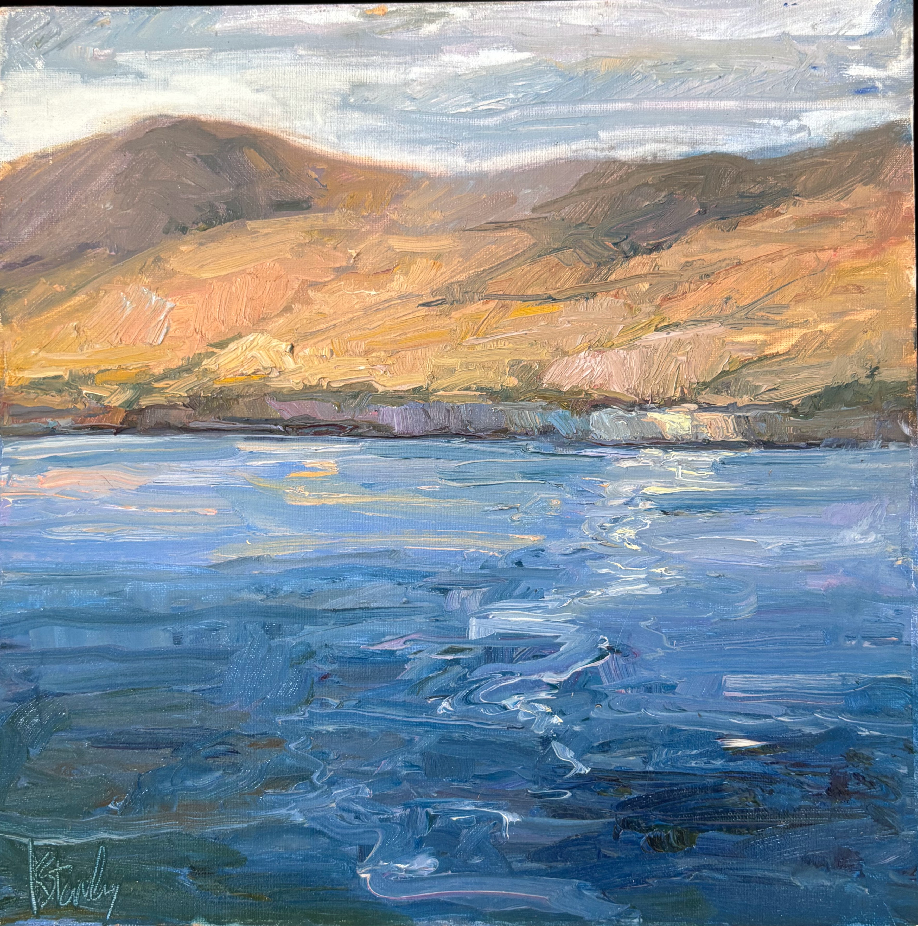 Island Cove, a plein air painting of sunlit hills meeting the water of a quiet Catalina cove by Kymberlee Stanley